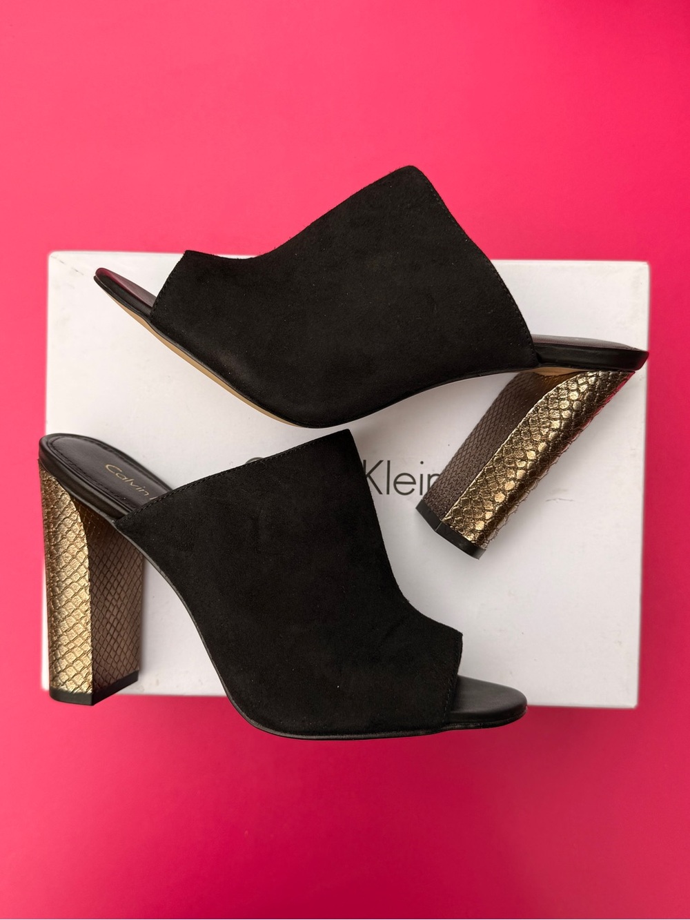 Calvin Klein Janica Black Suede Open Toe Block Heel Mules Gold Snakeskin 7.5